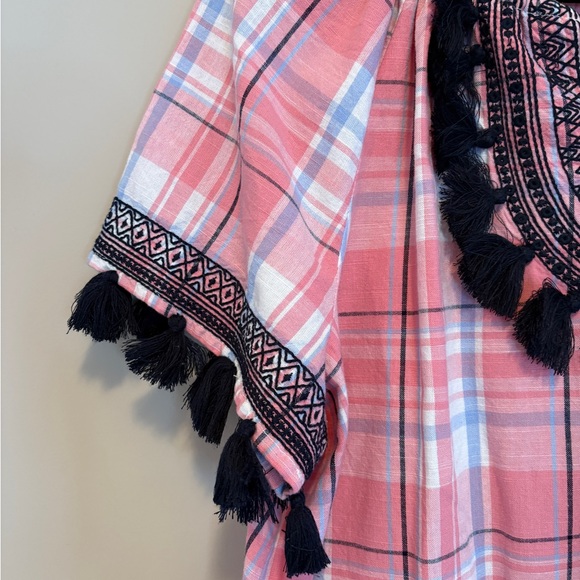 Crown & Ivy Dress Sz 14 Pink Blue White Plaid Tassel Short Sleeve Beach Casual - Picture 5 of 12